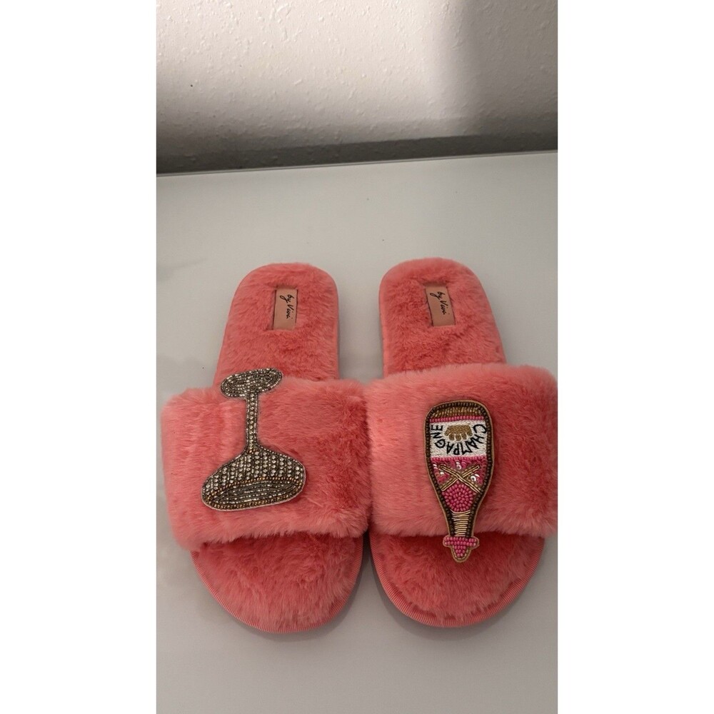 By Vici Pink Faux Fur Slide Slippers Beaded‎ Champagne Women's 9-10